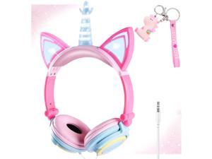 Cute Unicorn Headphones for Girls Boys Kids Teens Women.Wired Over-Ear Childrens Headset with Foldable&LED Glowing Cat Ears Pink Headset for Smartphones/iPhone/iPad/Kindle/Laptop (Multicolor)