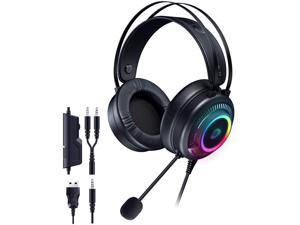 Gaming Headset for PS4 PC Xbox One PS5 Controller with Stereo Surround Sound, Over Ear Headphones with Noise Cancelling Mic, RGB Light, Bass Surround, Soft Memory Earmuffs for PC Laptop Mac Ni