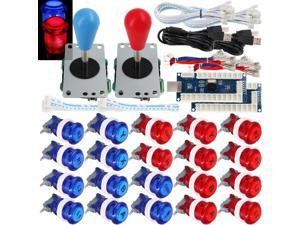 SJJX 2 Player Arcade Game Stick DIY Kit Buttons with Logo LED 8 Way Joystick USB Encoder Cable Controller for PC MAME Raspberry Pi Red Blue