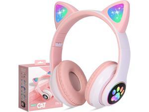 TCJJ Kids Wireless Headphones Cat Ear LED Light Up Bluetooth Foldable Headphones Over Ear wMicrophone for Online Distant Learning Pink