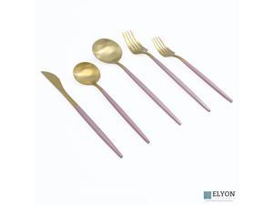 Elyon Tableware® 20-Piece Matte Gold/Pink Silverware Set, Flatware Set, Stainless Steel, Pink Thin Handles, Service For 4