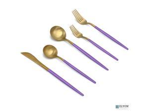 Elyon Tableware® 20-Piece Matte Gold/Lavender Silverware Set, Flatware Set, Stainless Steel, Lavender Thin Handles, Service For 4