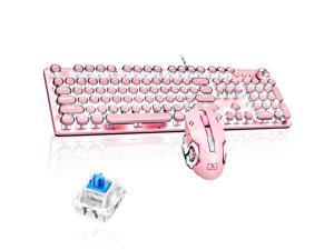 Pink Vintage Gaming Keyboard with Mouse Retro Punk Typewriter-Style White LED Backlit USB Wired Mechanical Keyboard for PC Laptop Desktop Computer Game and Office
