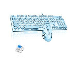 Blue Mechanical Vintage Gaming Keyboard with Mouse Retro Punk Typewriter-Style White LED Backlit USB Wired Mechanical Keyboard for PC Laptop Desktop Computer Game and Office