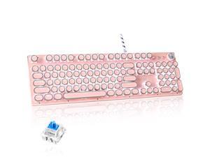 Pink Vintage Mechanical Gaming Keyboard Retro Punk Typewriter-Style White LED Backlit USB Wired Mechanical Keyboard for PC Laptop Desktop Computer Game and Office