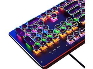 Basaltech Mechanical Light Up Keyboard with LED Backlit, Typewriter Style Gaming Keyboard with 104-Key Blue Switch Round Keycaps, Retro Steampunk Keyboard Metal Panel with Wired USB for PC/Mac/Laptop