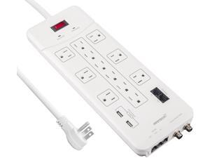 OviiTech 12 Outlet All-In-One Mountable Surge Protector Power Strip with2 USB Charging Ports(3.1A Total and Phone/Ethernet/Coax Protection,6 Foot Heavy Duty Extension Cord,4380 Joules,White,ETL Listed
