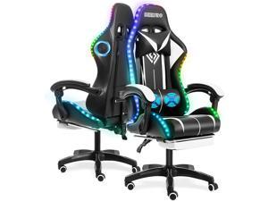 Geepro Gaming Chair Massage with Speakers Bluetooth Ergonomic Computer Chair with Footrest LED RGB Lights High Back Music Video Game Chair with Lumbar Support White and Black