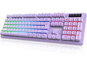 Wired game keyboard, RGB backlight, splash-proof design, multimedia key, mute USB membrane keyboard, suitable for desktop computers, computers (purple)