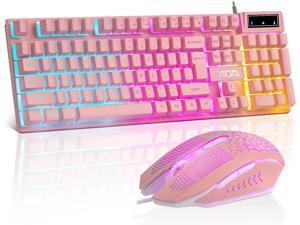 Pink game keyboard and mouse combination, luminous film cute game keyboard, with mute 104 keys, USB wired game mouse with RGB backlight, suitable for Windows/PC/laptop/MAC/Xbox, Kawaii girl gift -