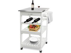 Todeco Kitchen Island Cart, Wooden Rolling Kitchen Carts on Wheels with Drawer, Storage Shelf and Wine Rack, Microwave Carts with Stainless Steel Tabletop for Dining Room, Outdoor (White)