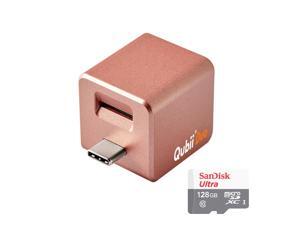 Maktar™ Qubii Duo USB-C : Photo & Video Storage Device Auto Backup for iPhone & Android Type-C Phone Apple MFi Certified - Rose Gold + 128GB Sandisk SD Card