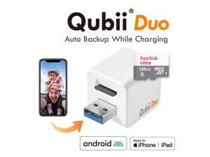 Maktar™ Qubii Duo USB-A : Photo & Video Storage Device Auto Backup for iPhone & Android Apple MFi Certified - White + 128GB Sandisk SD Card