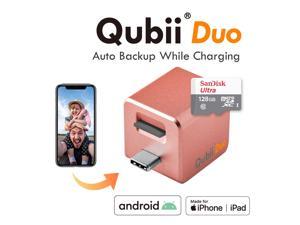 Maktar™ Qubii Duo USB-C : Photo & Video Storage Device Auto Backup for iPhone & Android Type-C Phone Apple MFi Certified - Rose Gold + 128GB Sandisk SD Card