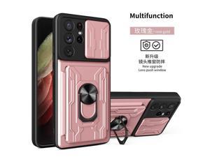 NEW Detachable Camera Protection Case with Card Holder Stander Shockproof Case For Samsung Galaxy S21 Ultra 5G Rose Gold