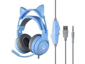 NewStyp Hot 2022 G25 Pink Cat Ear Cute Girl Gaming Headset With Mic ENC Noise Reduction 35mm Channel RGB Wired Headphone Blue