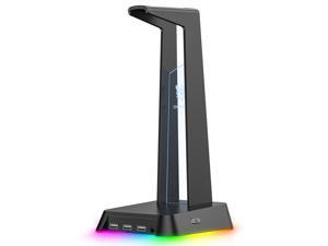 NEWSTYP RGB Gaming Headphone Stand Computer Headset Desktop Display Holder Luminous Logo with 3 USB and 3.5mm AUX Ports Black