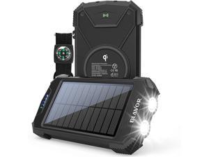Solar Charger Power Bank Qi Wireless Charger 10000mAh External Battery Pack Type C Input Port Dual Flashlight Compass Solar Panel Charging Black