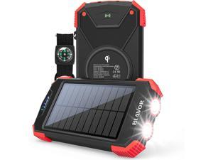 Solar Charger Power Bank Qi Wireless Charger 10000mAh External Battery Pack Type C Input Port Dual Flashlight Compass Solar Panel Charging Red