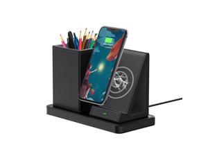 KINGFOM Wireless Charger with Desk Organizer, Pen Holder + Qi-Certified Wireless Charging Station for iPhone/Samsung/Huawei/Xiaomi/Android, Black