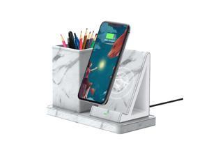 KINGFOM Wireless Charger with Desk Organizer, Pen Holder + Qi-Certified Wireless Charging Station for iPhone/Samsung/Huawei/Xiaomi/Android, White Marble