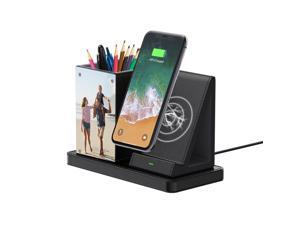 KINGFOM Wireless Charger with Desktop Organizer, Pen Holder + Qi-Certified Wireless Charging Station for iPhone 13 Pro Max/Samsung/Huawei/Xiaomi/Android, Black