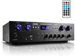 Bluetooth 5.0 Stereo Audio Amplifier Receiver, 4 Channel, 440W Peak Power Home Theater Stereo Receiver USB, SD,FM, 2 Mic in Echo, RCA, LED, Speaker Selector for Studio, Home