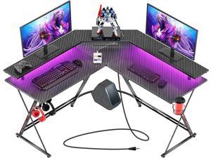 Gaming Desk 50.4 with LED Strip & Power Outlets, L-Shaped Computer Corner Desk Carbon Fiber Surface with Monitor Stand, Ergonomic Gamer Table with Cup Holder, Headphone Hook, Black