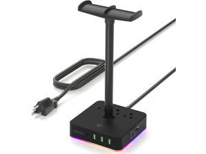 Headphone Stand and Power Strip 2-in-1 , 3 USB Charging Ports and 1 Type-C Charging Port, 3 Power Outlets, RGB Lighting, Headphone Hanger Accessories for Desktop Gamers