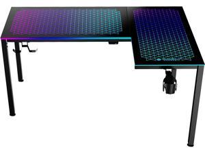 ERGONOMIC 60" L Shaped RGB LED Gaming Desk, Music Sync Lights Up Tempered Glass Desktop GTG L60 Reversible Home Office Corner Computer Table W Cup Holer Headset Hook Cable Ties, APP Control