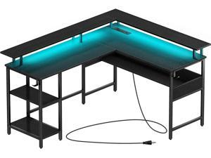 Computer Desk L Shaped with LED Strip & Power Outlets, Reversible L Shaped Computer Corner Desk with Monitor Stand, Home Office Gaming Desk with USB Port&Hook, Black