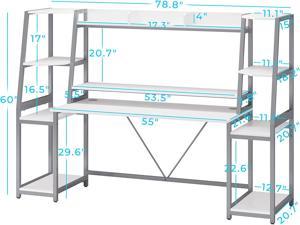 78.8 Inches Gaming Desk, Home Office Desk Computer Desk with LED Lights,  Hutch and Storage Shelves, White