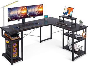 58" L Shaped Desk Computer Desk with Storage Shelves & PC Stand, Gaming Desk with Monitor Stand, Home Office Writing Desk, Modern Large Wooden Desk, Black
