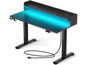Standing Desk with LED Lights  Charging Station 47 Height Adjustable Desk with Monitor Stand Electric Gaming Desk with 2 Hooks Sit Stand Home Office Desk Carbon Fiber Surface Black