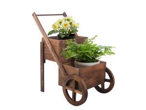 Flower Planter Two Tier Vertical Pot Wooden Wagon Cart Flower Box Display Brown