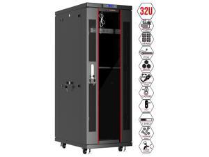 32U 39-inch Depth Server Rack Network Cabinet Standing IT Networking Enclosure on Wheels with Thermostat and Accessories - LCD-screen - 4 X Cooling Fans - Casters - Vented Shelf - Sensor