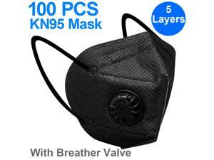 KN95 Face Mask 100 Pcs With Breather Valve, 5 layer Anti Pollution Earloop Face Mask for Personal Protective Respirator Reusable, Non-Disposable Mask Easy to Wear Work Face Mask (Black)