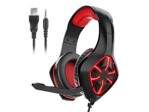 Gopa Stereo Gaming Headset for PS4 PC Xbox One PS5 Controller RGB Headphones Microphone LED Lights Bass Surround Soft Memory Earmuffs for Laptop Mac Nintendo NES Gaming Red/Black