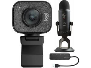 Logitech StreamCam Plus Webcam with Tripod and Blue Microphones Yeti Blackout Mic and Knox Gear 4-Port USB Hub Bundle (3 Items)