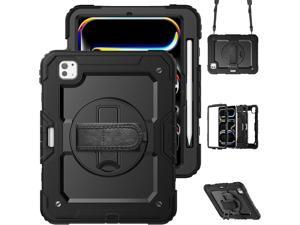 Case for 2024 iPad Pro 11-Inch M4 (2024, 5th Gen), 3 Layer Hybrid Shockproof Rugged Protective Case with 360° Rotating Stand - Hand Strap - Shoulder Strap - Pencil Holder,Black