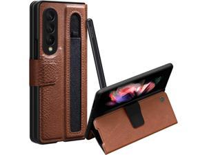 ErHu for Samsung Galaxy Z Fold 3 Case Kickstand SPen Pocket Design Luxury Leather Shockproof Full Protective Cover for Galaxy Z Fold 3 5G 2021 Brown