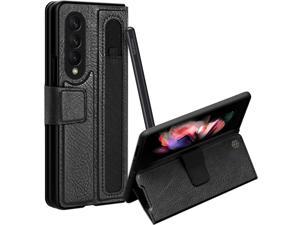 For Samsung Galaxy Z Fold 3 Case Kickstand SPen Pocket Design Luxury Leather Shockproof Full Protective Cover for Galaxy Z Fold 3 5G 2021 Black