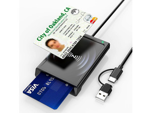Smart Card Reader with NFC, CAC Reader for DOD Military Common Access, 2-in-1 Contact & Contactless ID and Bank Chip Card Reader, Built-in USB-C with USB-A Adapter for Windows, MacOS, Linux