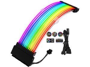 Power Supply Sleeved Cable, Pccooler Customization 24 Pin ATX RGB Cable Extension Kit 18AWG, 5V 3Pin Synchronized Sleeved Cable for RGB Software from All Major Motherboard Cable Management