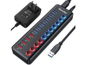 Powered USB 3.0 Hub, 11-Port USB Hub Splitter (7 Faster Data Transfer Ports+ 4 Smart Charging Ports) with Individual LED On/Off Switches, USB Hub 3.0 Powered with Power Adapter for Mac, PC