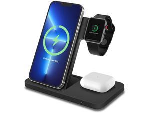 MMOBIEL Wireless Charging Station Compatible with iPhone Apple Watch and AirPods 3in1 Wireless Charger Stand 18W Compatible with Qi Magsafe Charging Wireless Fast Charging Dock Black