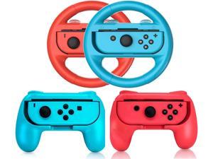 BONAEVER 2 PCS Grips for Joy Con and 2 PCS Steering Wheel Compatible with Nintendo Switch Wheel Family Sports Party Pack Accessories Compatible with Switch  Switch OLED JoyCon Controllers