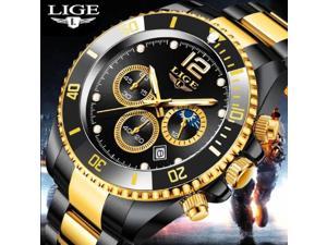 LIGE Watches Mens Top Brand Luxury Clock Casual Stainless Steel 24Hour Moon Phase Men Watch Sport Waterproof Quartz Chronograph