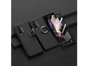 For Samsung Galaxy Z Fold 3 5G Ring Stand Slim PC Case Cover With Tempered Glass,Black