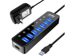 Powered USB Hub 3.0, 7-Port USB Data Hub Splitter with One Smart Charging Port and Individual On/Off Switches and 5V/4A Power Adapter USB Extension for MacBook, Mac Pro/Mini and More.